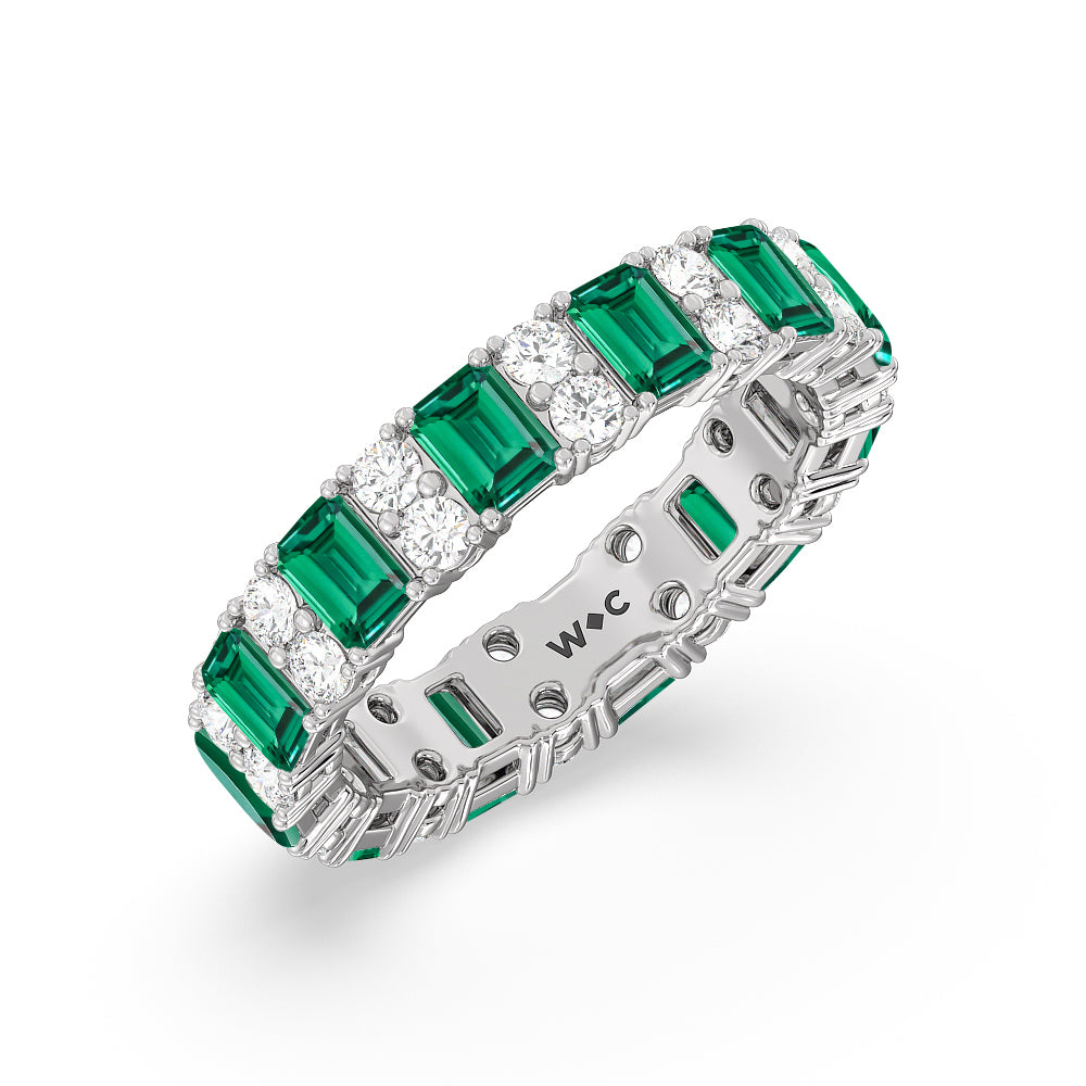 Created Emerald & Rounds Station Eternity Ring with 14KT White Gold Cut Diamond in 14KT White Gold view 2
