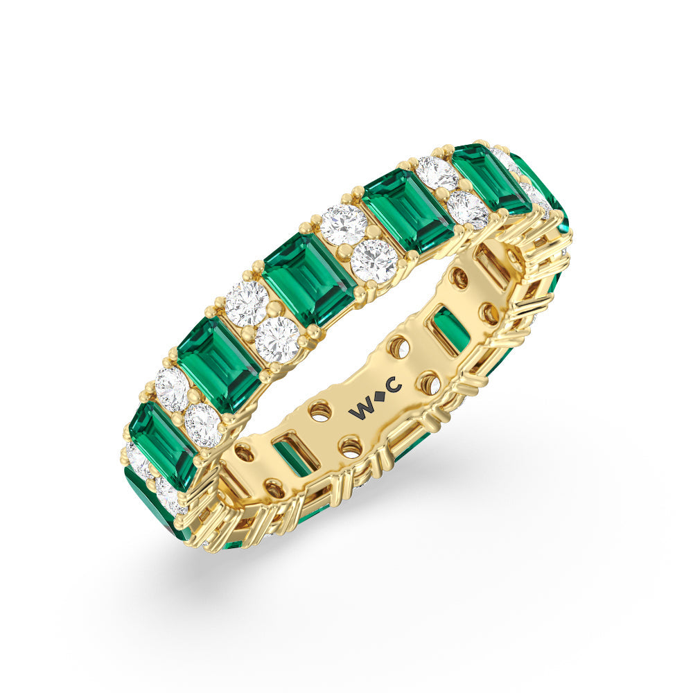 Created Emerald & Rounds Station Eternity Ring with 14KT Yellow Gold Cut Diamond in 14KT Yellow Gold view 2
