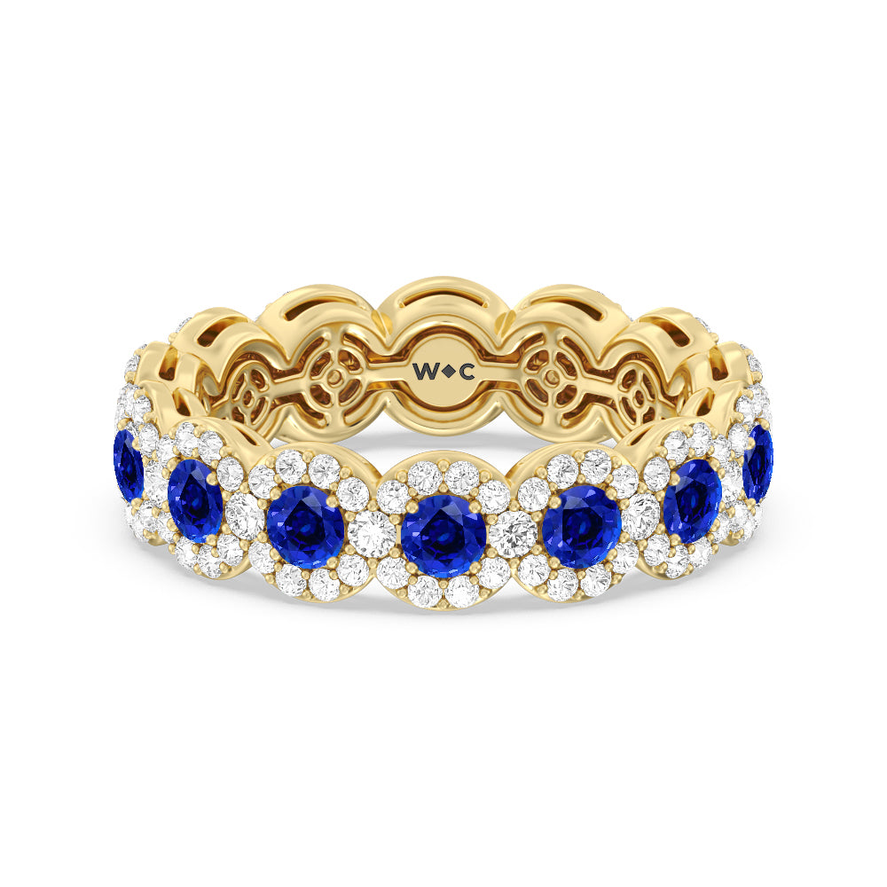 Created Sapphire Round Halo Eternity Ring with 14KT Yellow Gold Cut Diamond in 14KT Yellow Gold view 1
