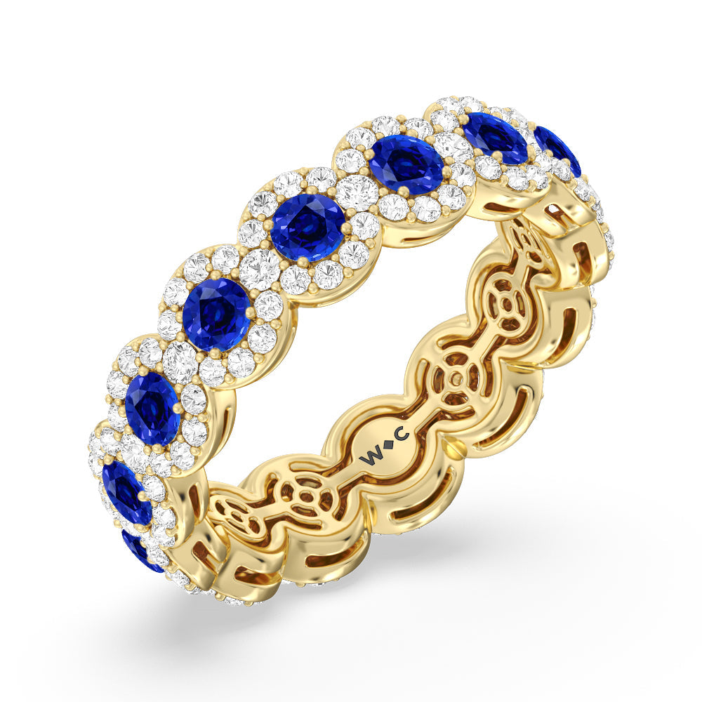 Created Sapphire Round Halo Eternity Ring with 14KT Yellow Gold Cut Diamond in 14KT Yellow Gold view 2
