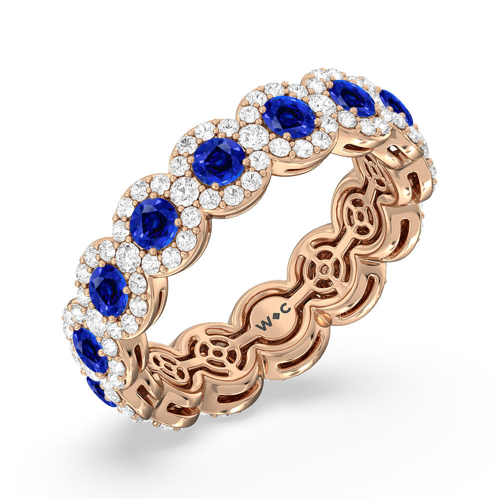 Created Sapphire Round Halo Eternity Ring with 14KT Rose Gold Cut Diamond in 14KT Rose Gold view 2
