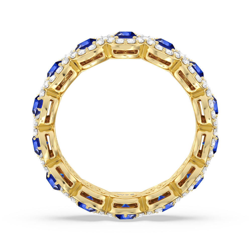Created Sapphire Round Halo Eternity Ring with 14KT Yellow Gold Cut Diamond in 14KT Yellow Gold view 3
