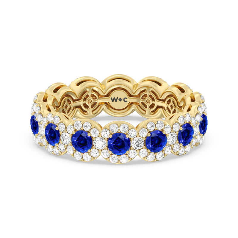 Created Sapphire Round Halo Eternity Ring