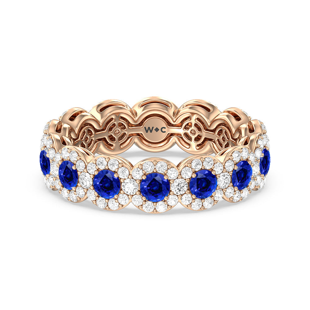 Created Sapphire Round Halo Eternity Ring with 14KT Rose Gold Cut Diamond in 14KT Rose Gold view 1
