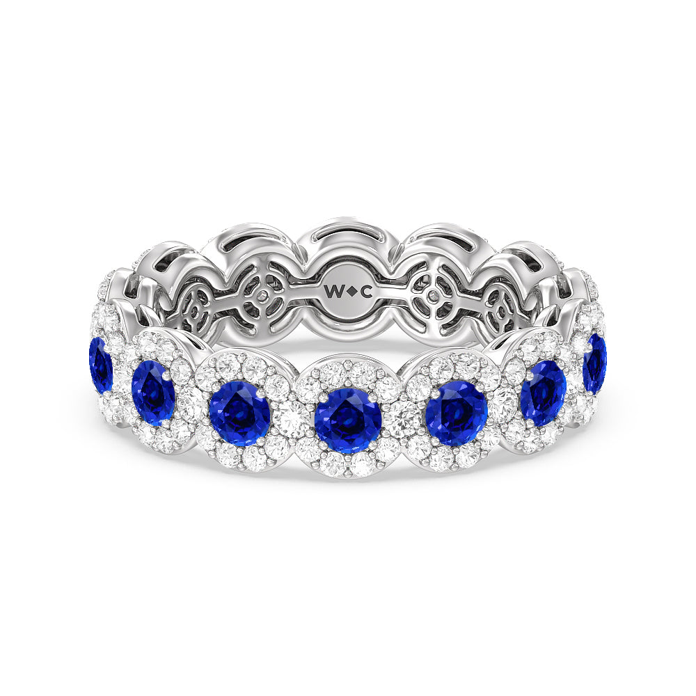 Created Sapphire Round Halo Eternity Ring with 14KT White Gold Cut Diamond in 14KT White Gold view 1
