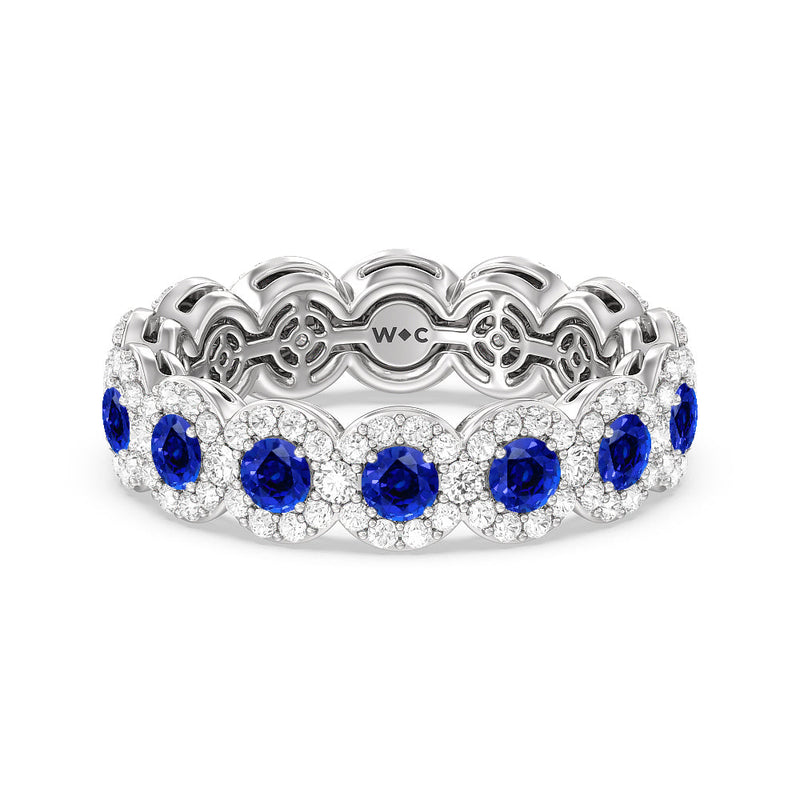 Created Sapphire Round Halo Eternity Ring