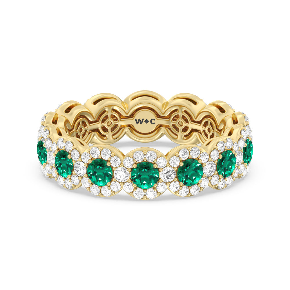 Created Emerald Round Halo Eternity Ring with 14KT Yellow Gold Cut Diamond in 14KT Yellow Gold view 1
