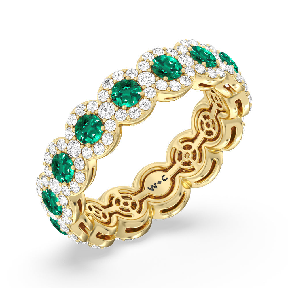 Created Emerald Round Halo Eternity Ring with 14KT Yellow Gold Cut Diamond in 14KT Yellow Gold view 2
