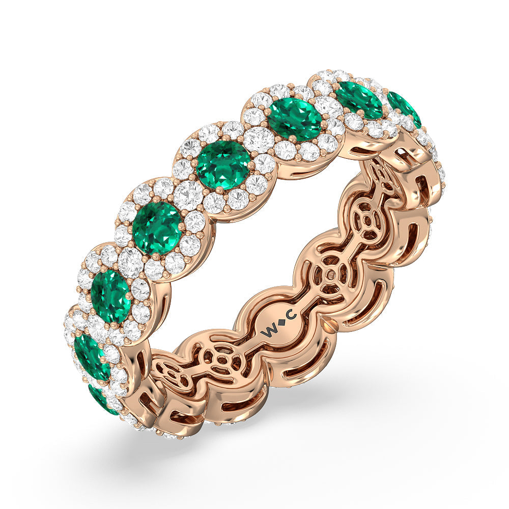 Created Emerald Round Halo Eternity Ring with 14KT Rose Gold Cut Diamond in 14KT Rose Gold view 2

