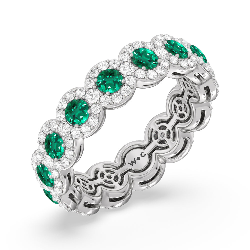 Created Emerald Round Halo Eternity Ring with 14KT White Gold Cut Diamond in 14KT White Gold view 2
