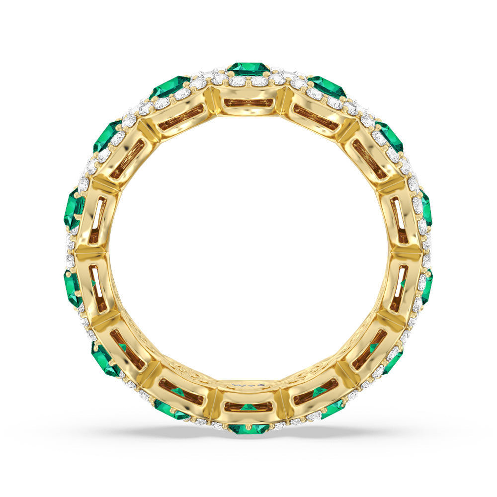 Created Emerald Round Halo Eternity Ring with 14KT Yellow Gold Cut Diamond in 14KT Yellow Gold view 3
