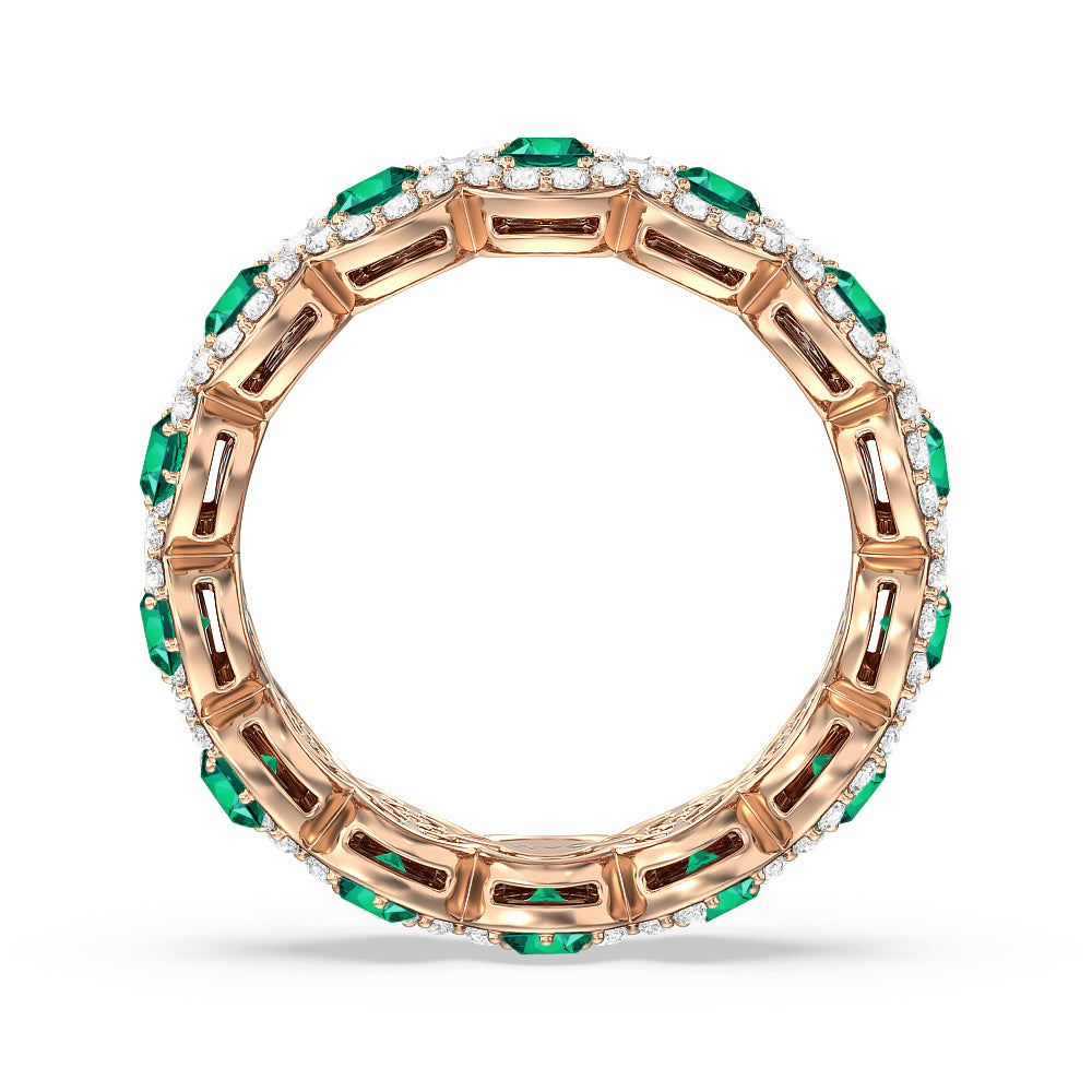 Created Emerald Round Halo Eternity Ring with 14KT Rose Gold Cut Diamond in 14KT Rose Gold view 3
