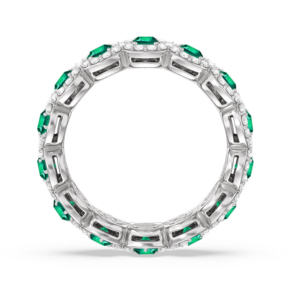 Created Emerald Round Halo Eternity Ring with 14KT White Gold Cut Diamond in 14KT White Gold view 3
