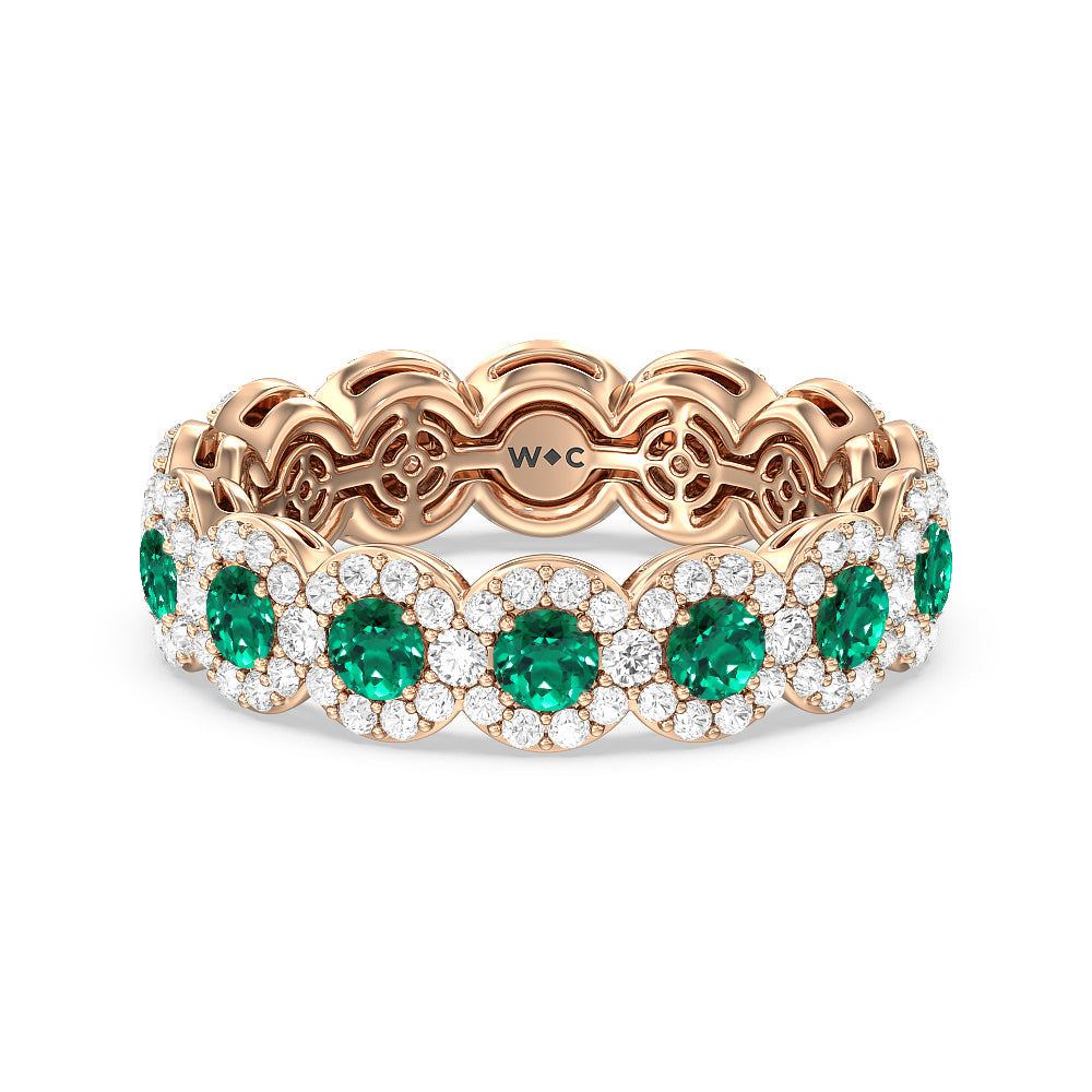 Created Emerald Round Halo Eternity Ring with 14KT Rose Gold Cut Diamond in 14KT Rose Gold view 1
