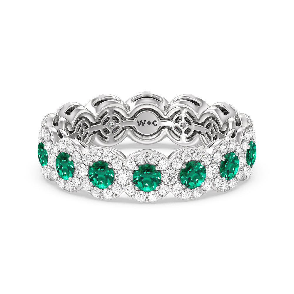 Created Emerald Round Halo Eternity Ring with 14KT White Gold Cut Diamond in 14KT White Gold view 1
