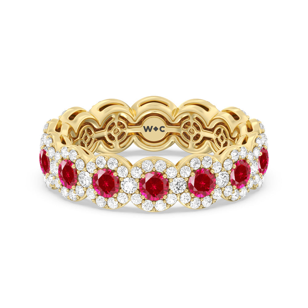 Created Ruby Round Halo Eternity Ring with 14KT Yellow Gold Cut Diamond in 14KT Yellow Gold view 1
