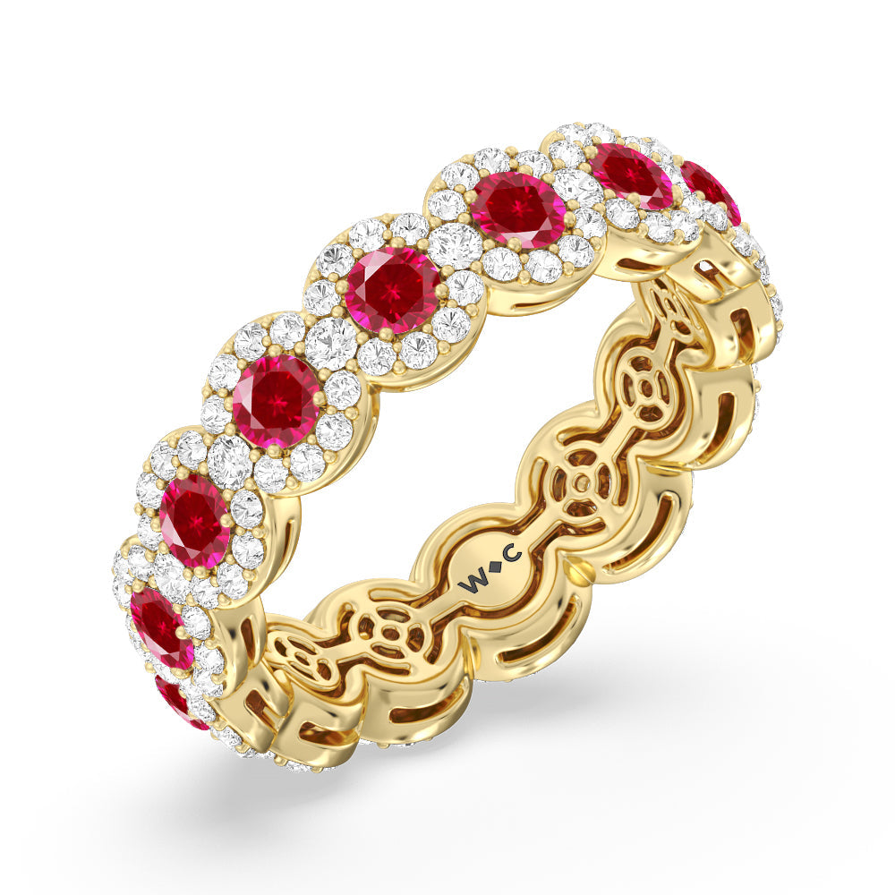 Created Ruby Round Halo Eternity Ring – With Clarity