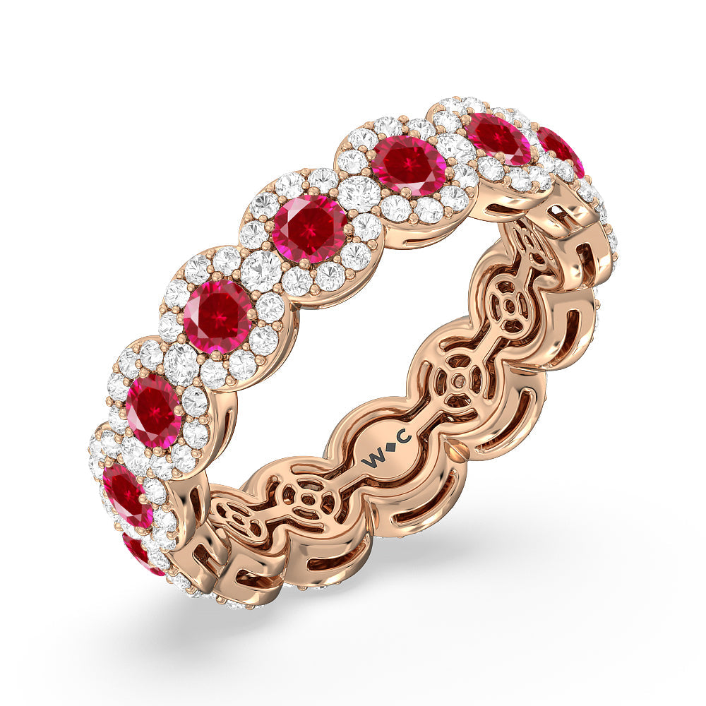 Created Ruby Round Halo Eternity Ring with 14KT Rose Gold Cut Diamond in 14KT Rose Gold view 2
