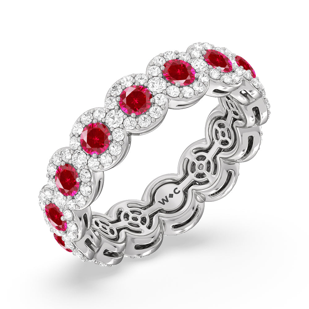 Created Ruby Round Halo Eternity Ring with 14KT White Gold Cut Diamond in 14KT White Gold view 2
