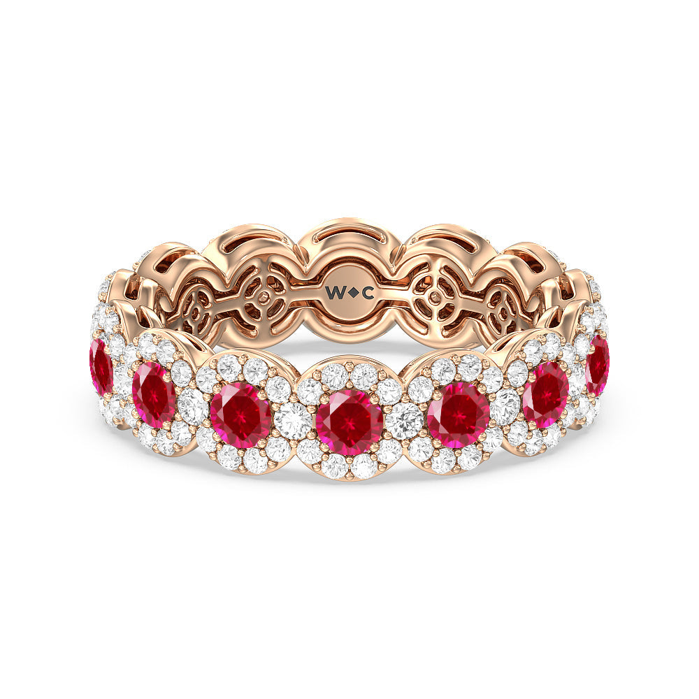 Created Ruby Round Halo Eternity Ring with 14KT Rose Gold Cut Diamond in 14KT Rose Gold view 1
