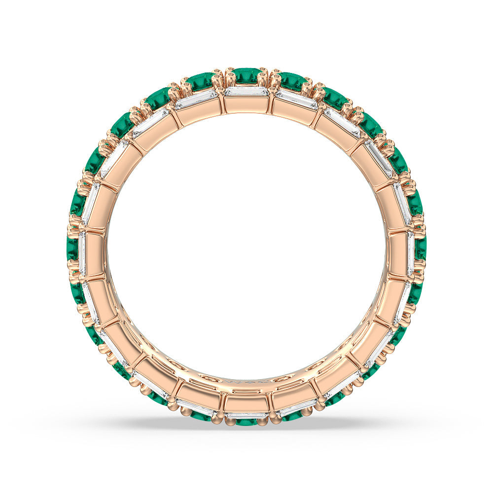 Baguette Edge and Created Emerald Round Stones Eternity Ring with 14KT Rose Gold Cut Diamond in 14KT Rose Gold view 3

