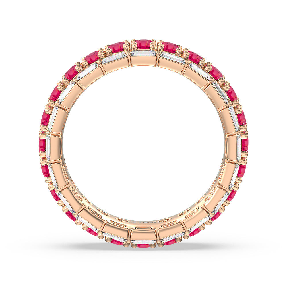Baguette Edge and Created Ruby Round Stones Eternity Ring with 14KT Rose Gold Cut Diamond in 14KT Rose Gold view 3

