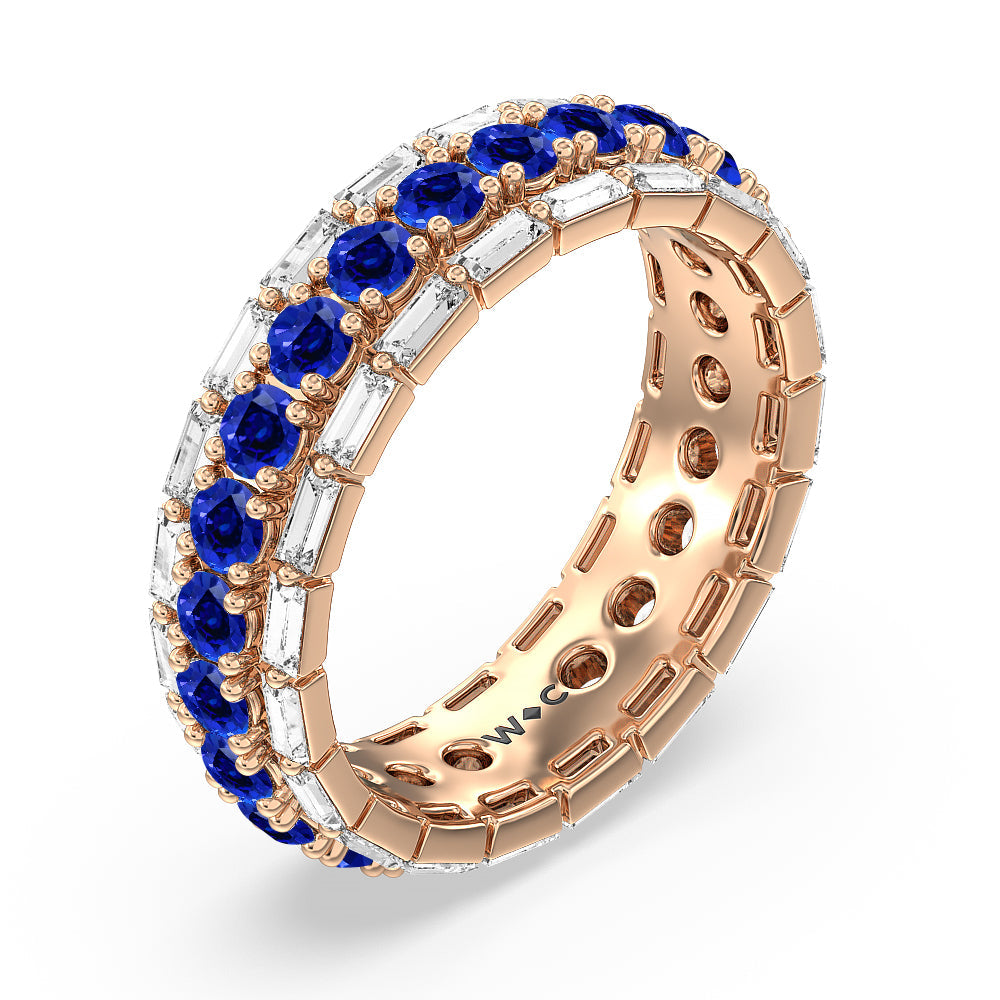 Baguette Edge and Created Sapphire Round Stones Eternity Ring with 14KT Rose Gold Cut Diamond in 14KT Rose Gold view 2
