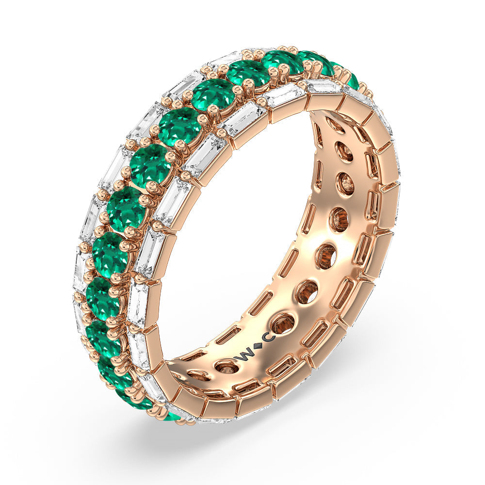 Baguette Edge and Created Emerald Round Stones Eternity Ring with 14KT Rose Gold Cut Diamond in 14KT Rose Gold view 2
