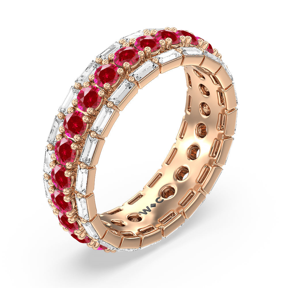 Baguette Edge and Created Ruby Round Stones Eternity Ring with 14KT Rose Gold Cut Diamond in 14KT Rose Gold view 2
