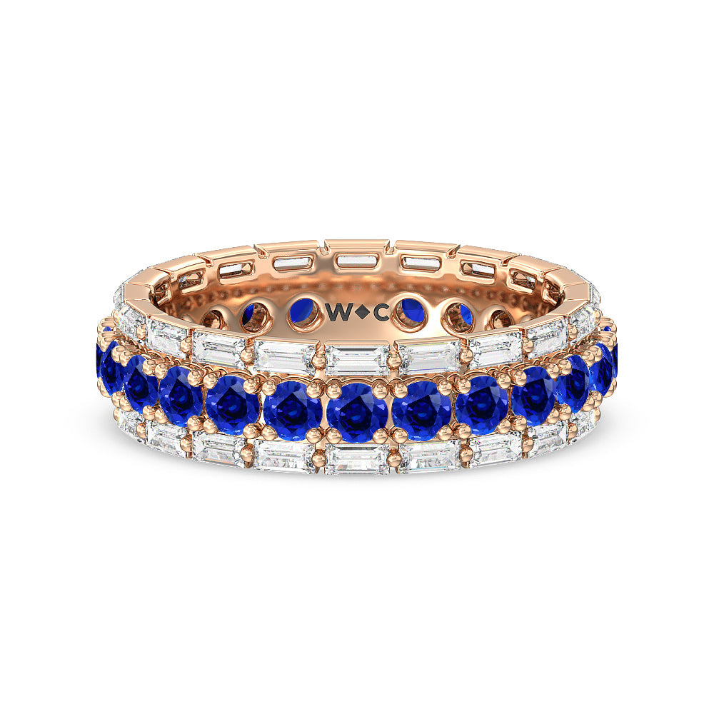 Baguette Edge and Created Sapphire Round Stones Eternity Ring with 14KT Rose Gold Cut Diamond in 14KT Rose Gold view 1
