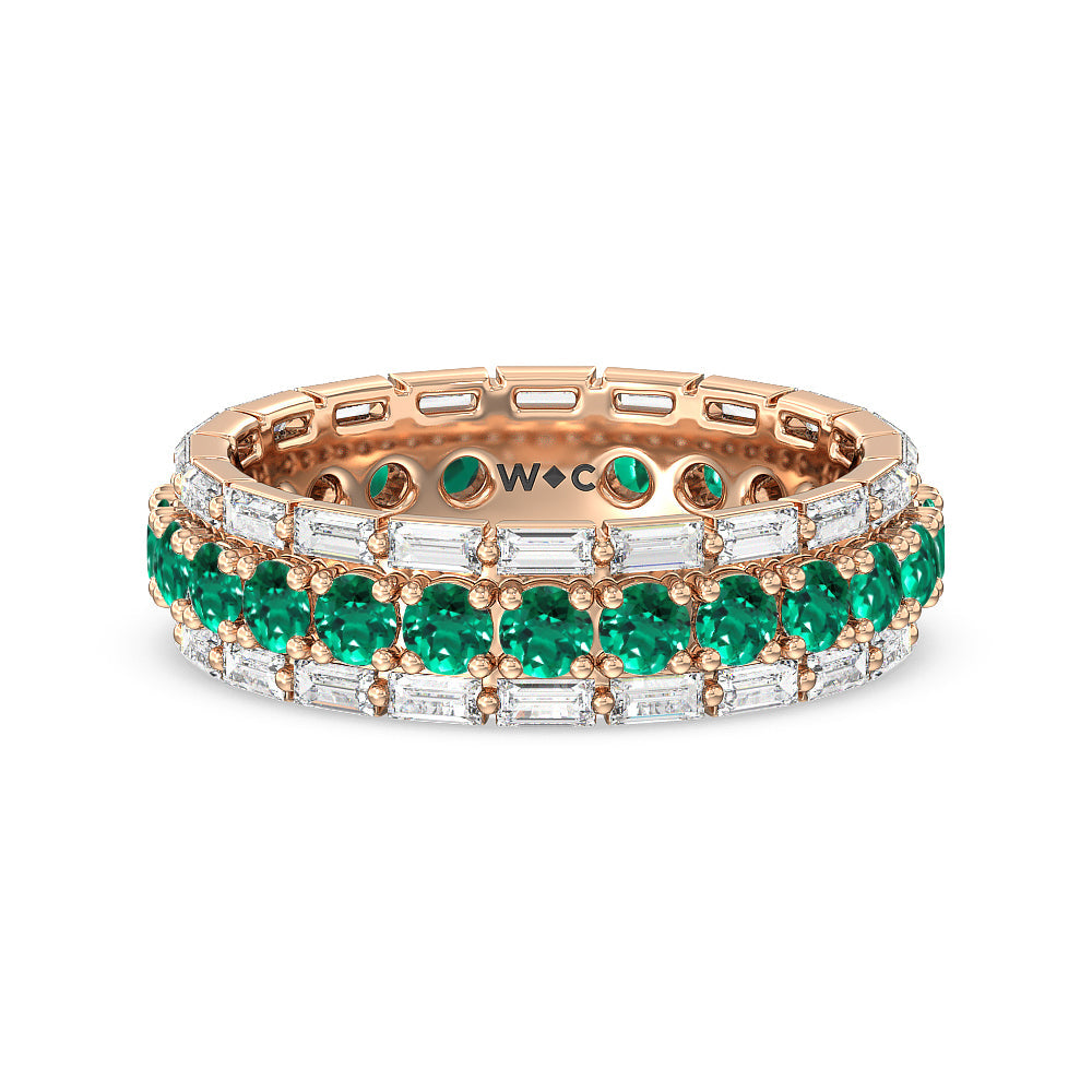 Baguette Edge and Created Emerald Round Stones Eternity Ring with 14KT Rose Gold Cut Diamond in 14KT Rose Gold view 1
