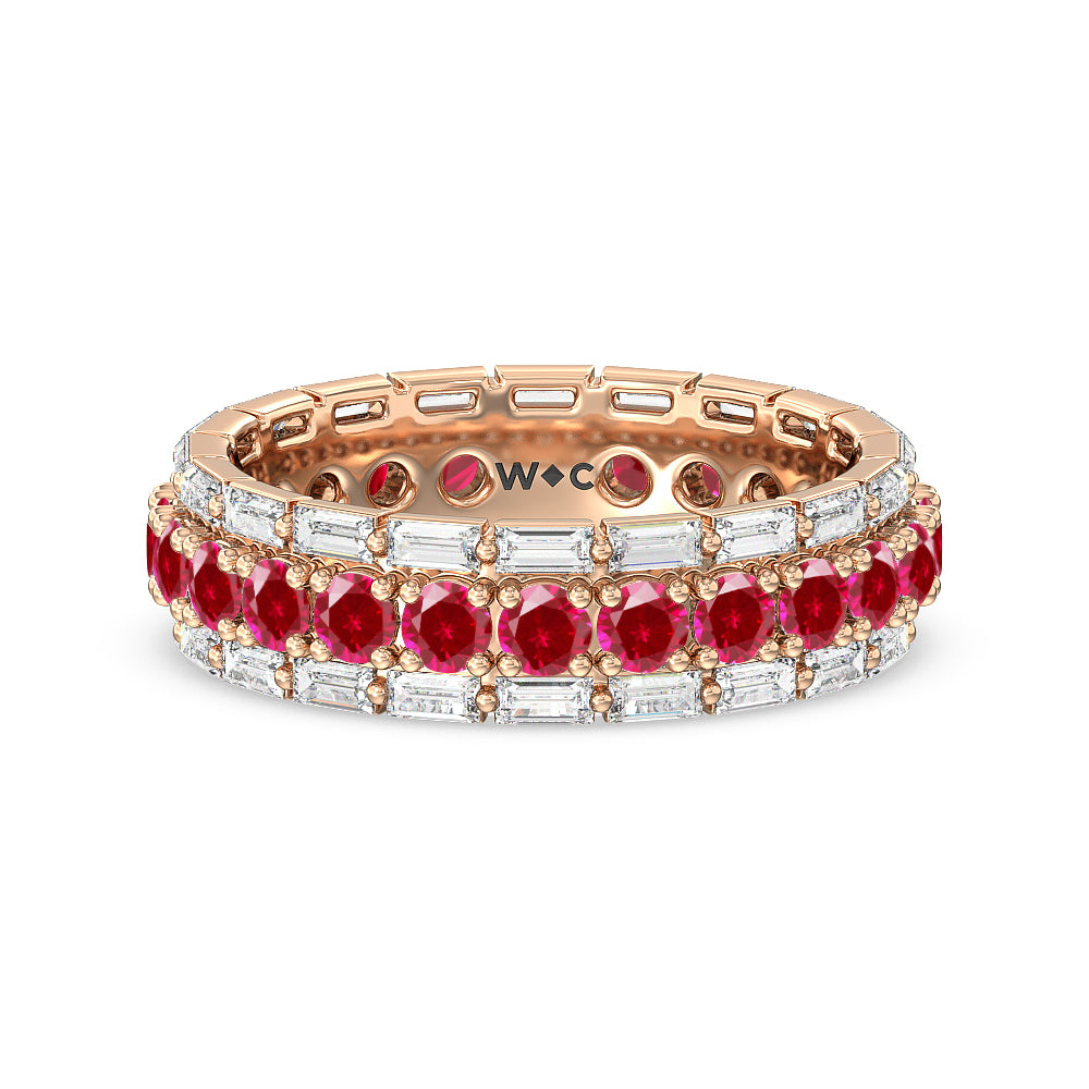 Baguette Edge and Created Ruby Round Stones Eternity Ring with 14KT Rose Gold Cut Diamond in 14KT Rose Gold view 1
