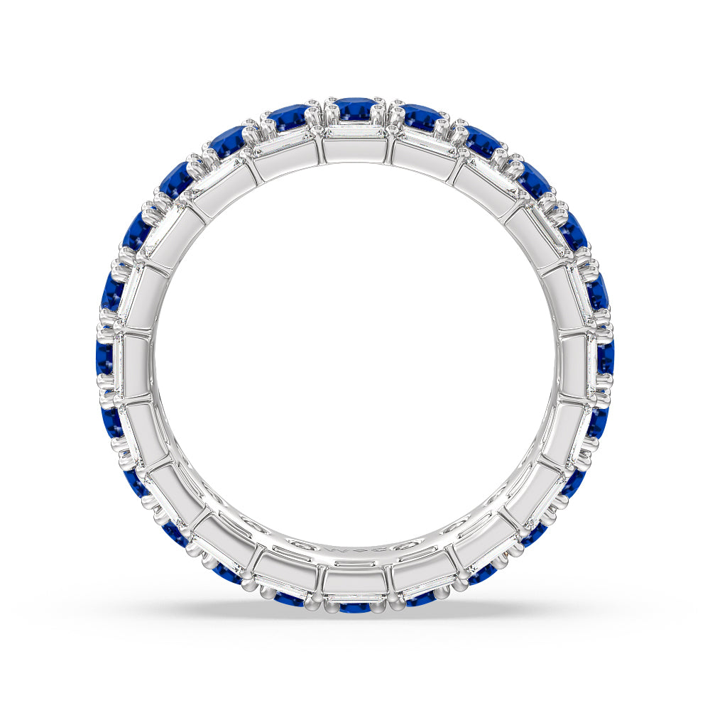 Baguette Edge and Created Sapphire Round Stones Eternity Ring with 14KT White Gold Cut Diamond in 14KT White Gold view 3

