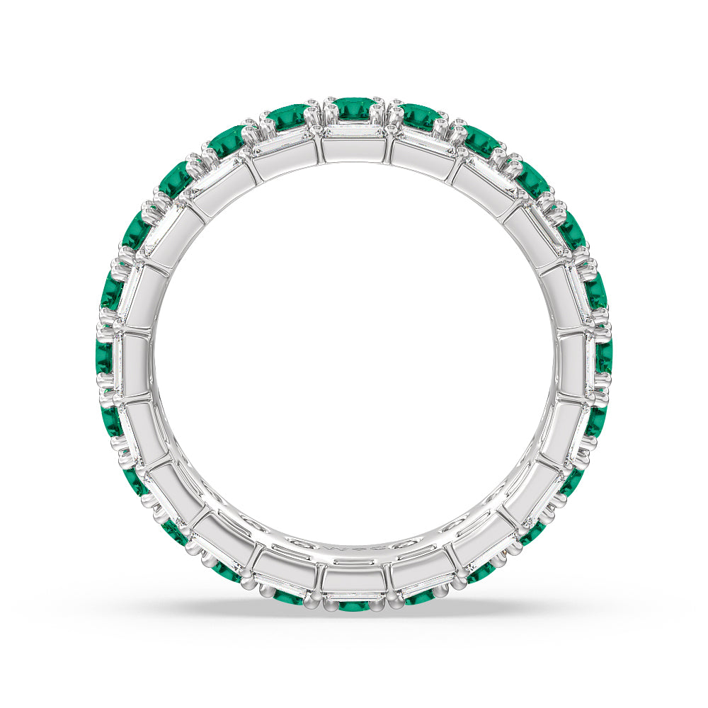 Baguette Edge and Created Emerald Round Stones Eternity Ring with 14KT White Gold Cut Diamond in 14KT White Gold view 3
