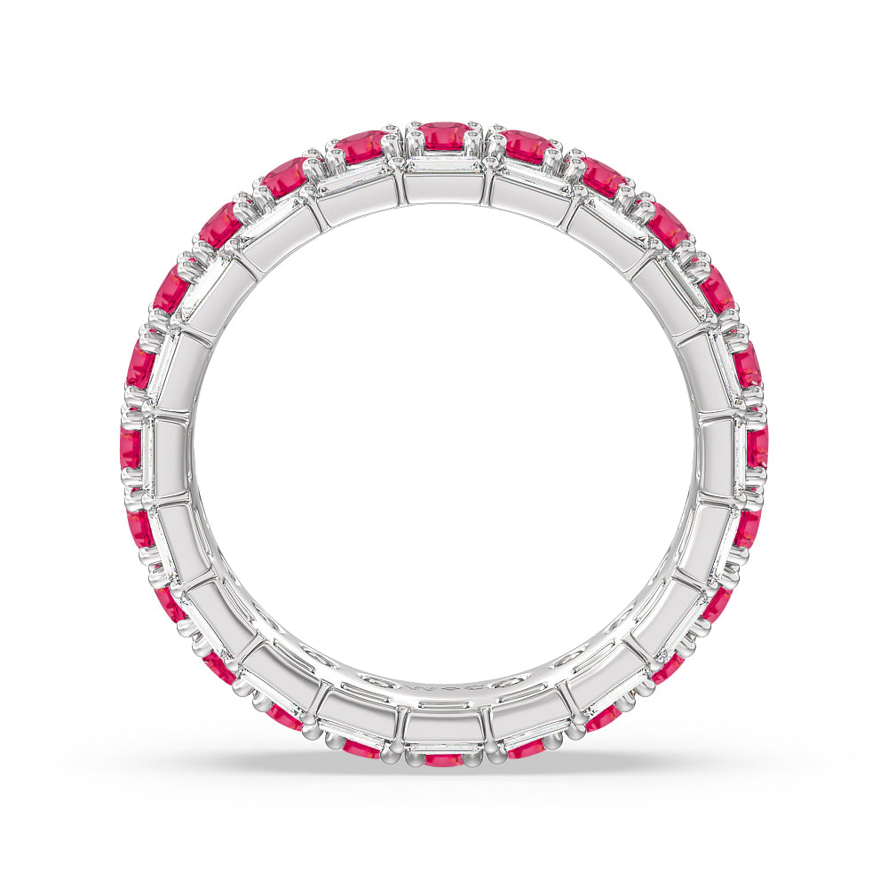 Baguette Edge and Created Ruby Round Stones Eternity Ring with 14KT White Gold Cut Diamond in 14KT White Gold view 3
