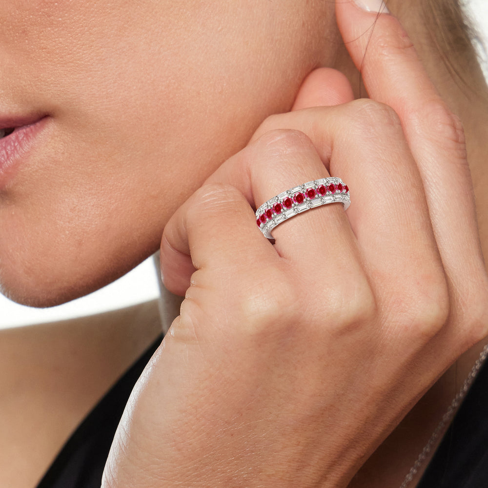 Model Wearing Baguette Edge and Created Ruby Round Stones Eternity Ring view
