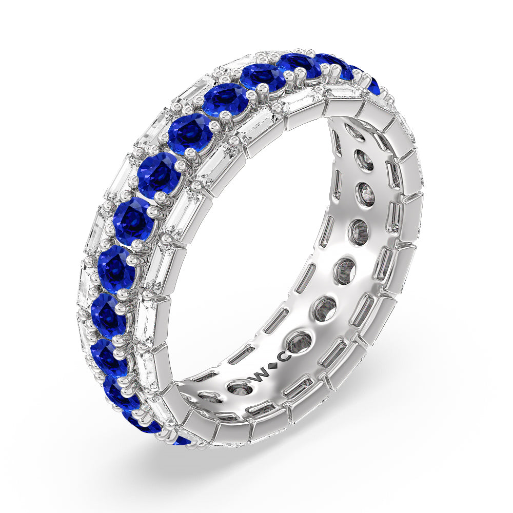 Baguette Edge and Created Sapphire Round Stones Eternity Ring with 14KT White Gold Cut Diamond in 14KT White Gold view 2
