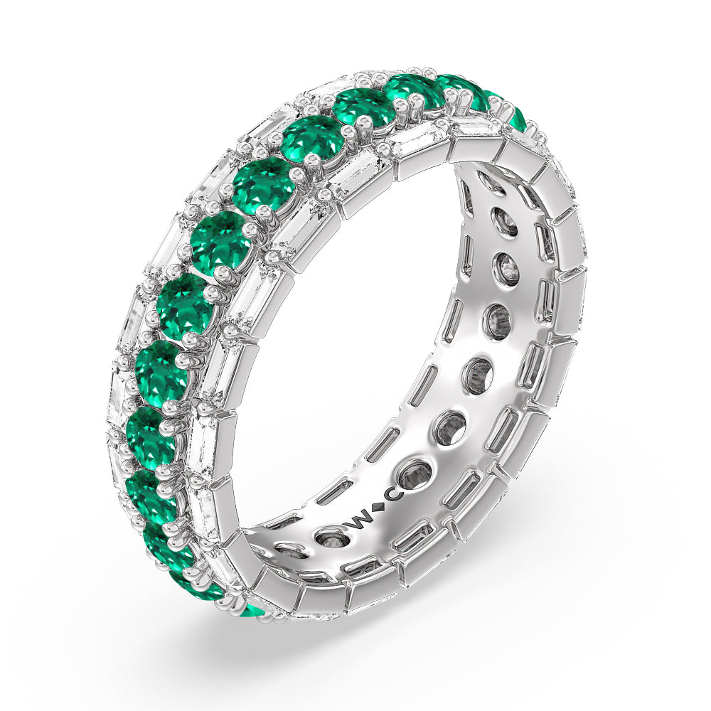 Baguette Edge and Created Emerald Round Stones Eternity Ring with 14KT White Gold Cut Diamond in 14KT White Gold view 2
