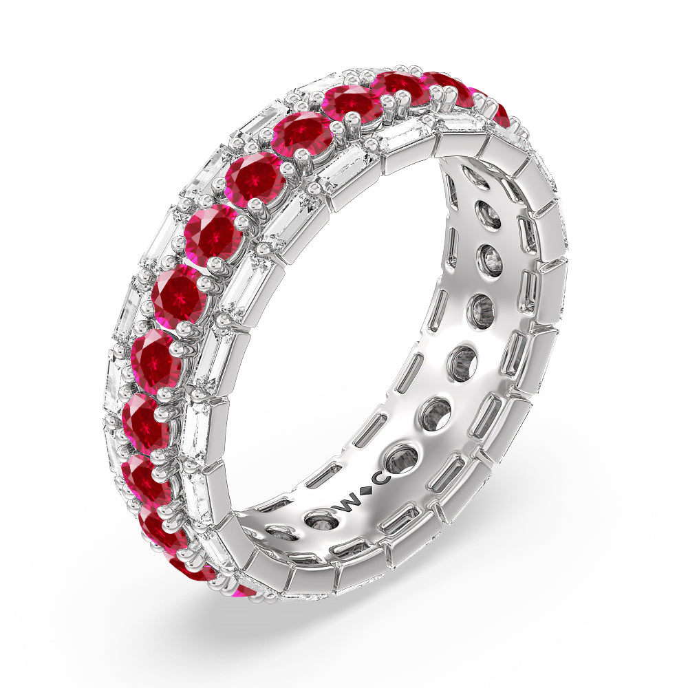 Baguette Edge and Created Ruby Round Stones Eternity Ring with 14KT White Gold Cut Diamond in 14KT White Gold view 2
