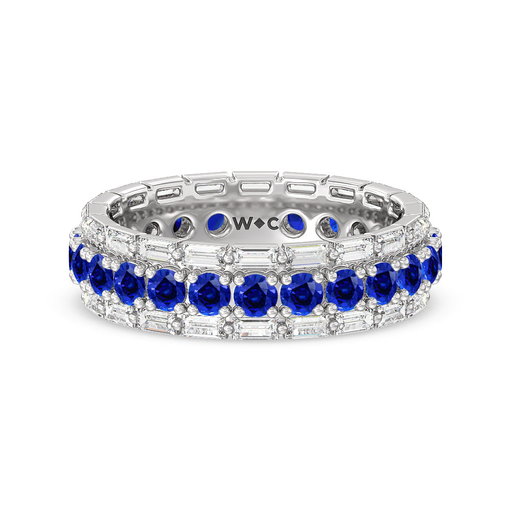 Baguette Edge and Created Sapphire Round Stones Eternity Ring with 14KT White Gold Cut Diamond in 14KT White Gold view 1
