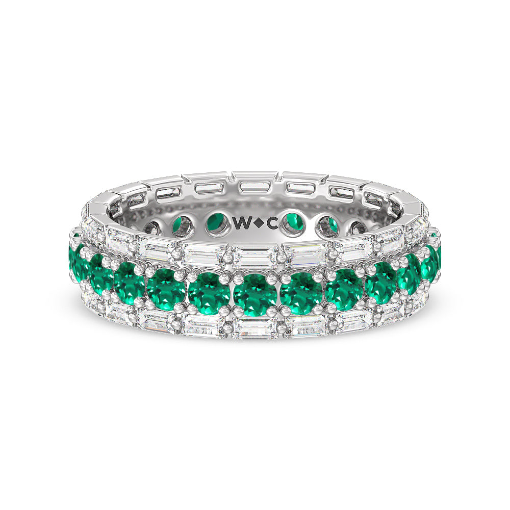 Baguette Edge and Created Emerald Round Stones Eternity Ring with 14KT White Gold Cut Diamond in 14KT White Gold view 1
