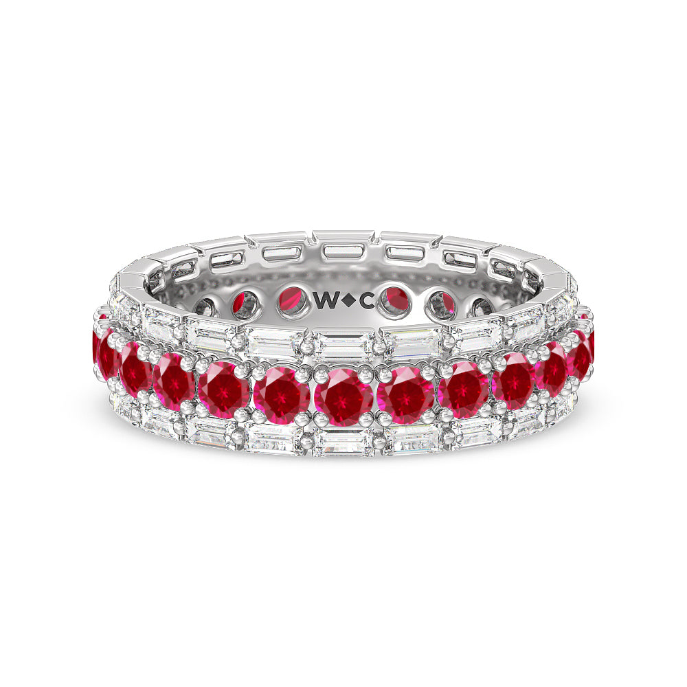 Baguette Edge and Created Ruby Round Stones Eternity Ring with 14KT White Gold Cut Diamond in 14KT White Gold view 1
