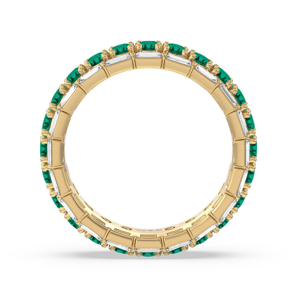 Baguette Edge and Created Emerald Round Stones Eternity Ring with 14KT Yellow Gold Cut Diamond in 14KT Yellow Gold view 3
