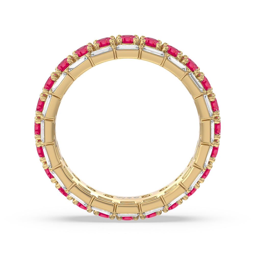 Baguette Edge and Created Ruby Round Stones Eternity Ring with 14KT Yellow Gold Cut Diamond in 14KT Yellow Gold view 3
