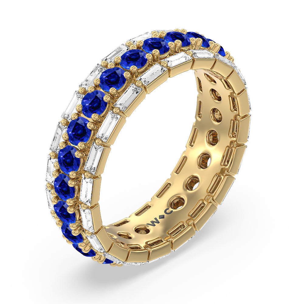 Baguette Edge and Created Sapphire Round Stones Eternity Ring with 14KT Yellow Gold Cut Diamond in 14KT Yellow Gold view 2
