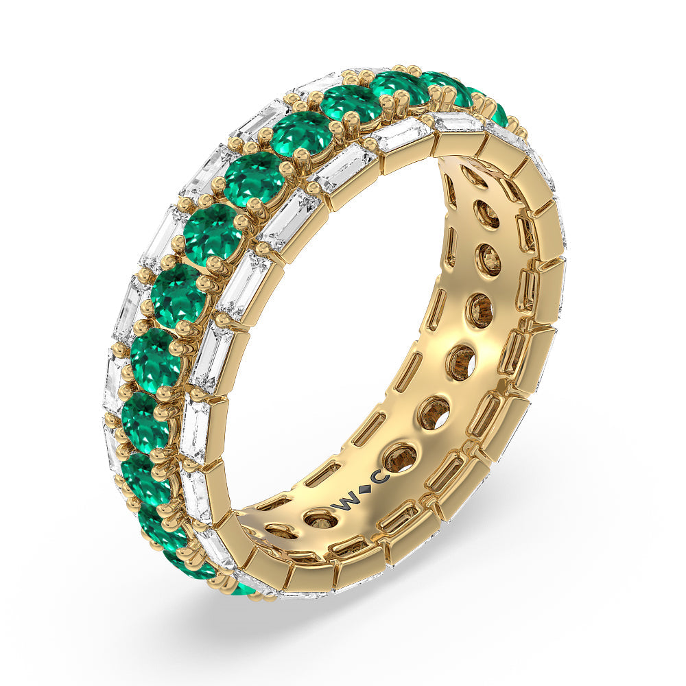 Baguette Edge and Created Emerald Round Stones Eternity Ring with 14KT Yellow Gold Cut Diamond in 14KT Yellow Gold view 2
