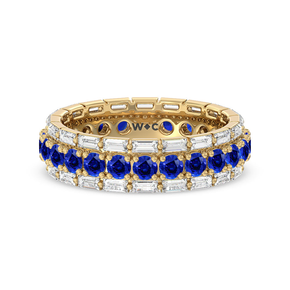 Baguette Edge and Created Sapphire Round Stones Eternity Ring with 14KT Yellow Gold Cut Diamond in 14KT Yellow Gold view 1
