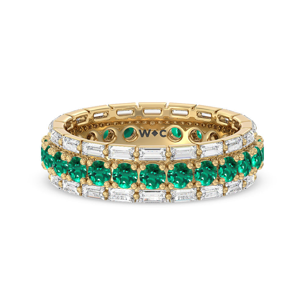Baguette Edge and Created Emerald Round Stones Eternity Ring with 14KT Yellow Gold Cut Diamond in 14KT Yellow Gold view 1

