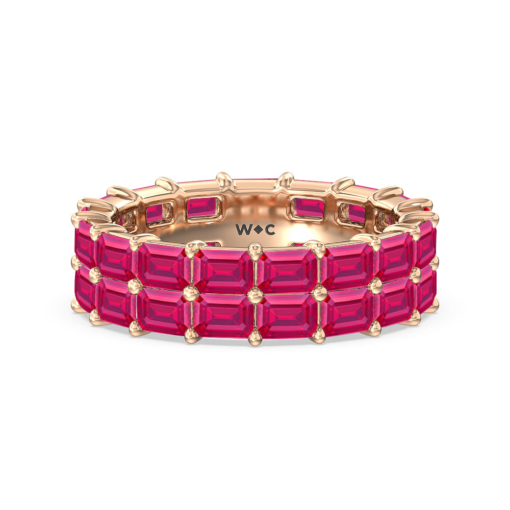 Two Row East West Created Ruby Emerald  Eternity Ring with 14KT Rose Gold Cut Diamond in 14KT Rose Gold view 1
