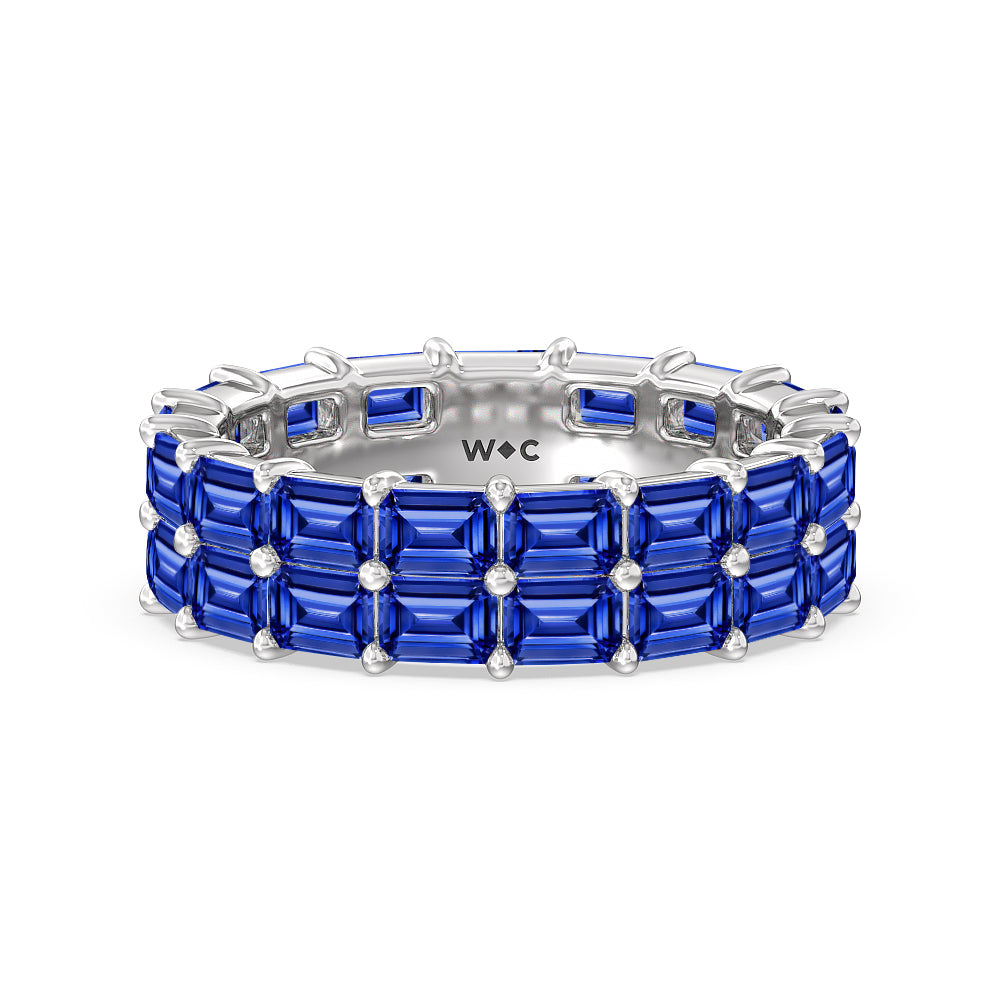 Two Row East West Created Sapphire Emerald  Eternity Ring with 14KT White Gold Cut Diamond in 14KT White Gold view 1
